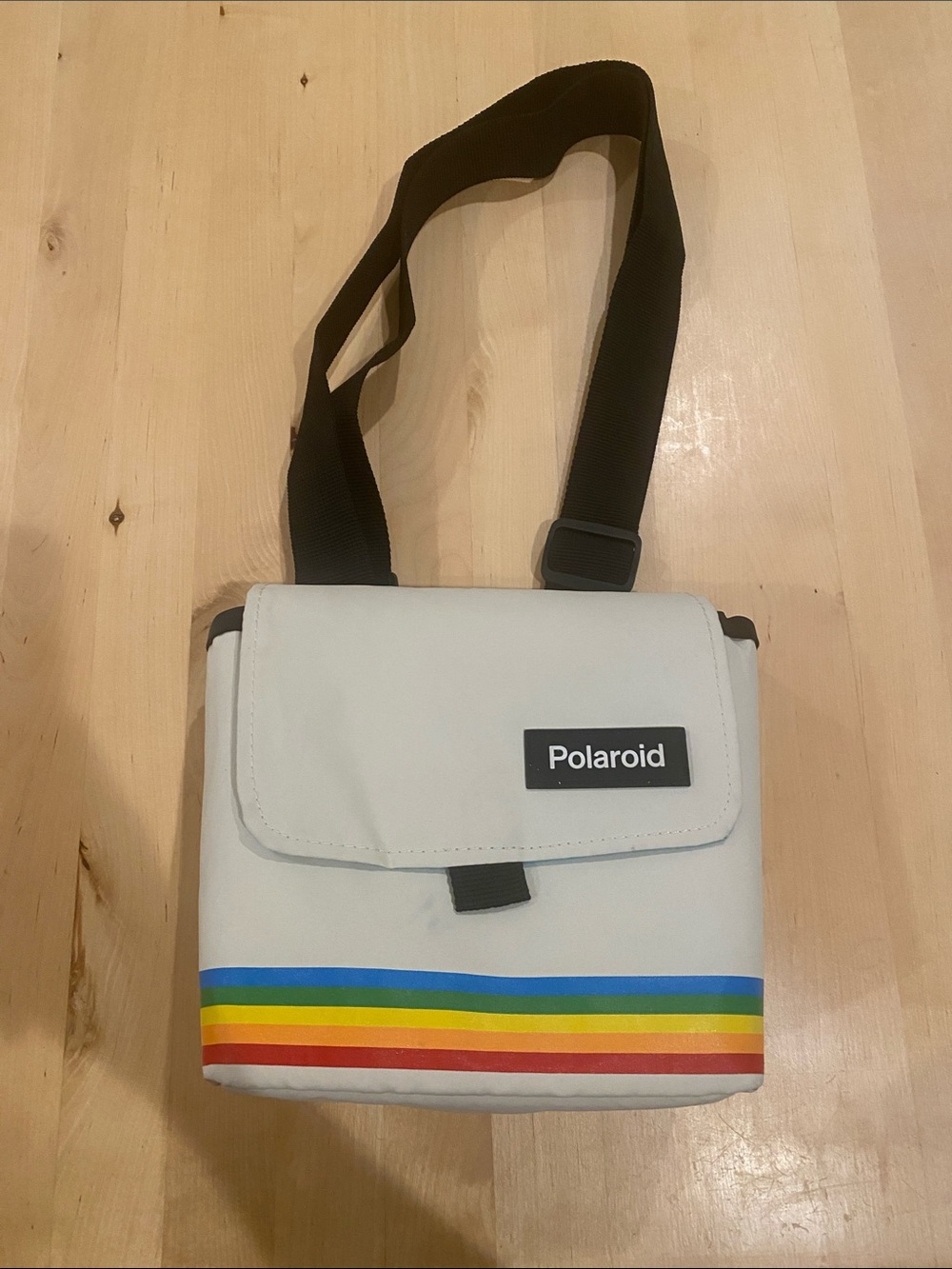 Polaroid White Messenger Bag with Rainbow Stripes and Black Strap